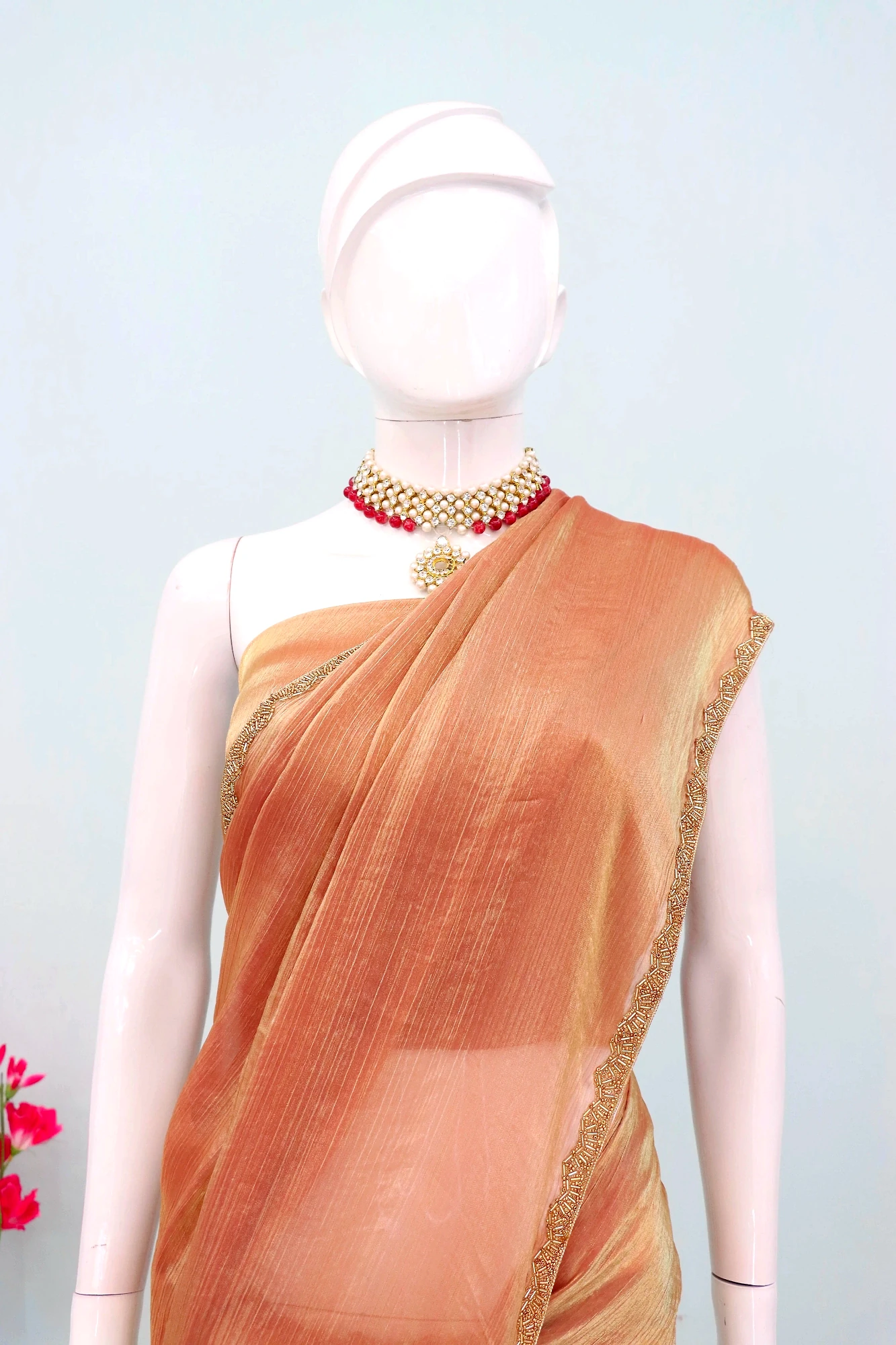 Fendi Saree With Hand Worked Lace Border (Color - Orange) by SHIV TEXTILES view 2