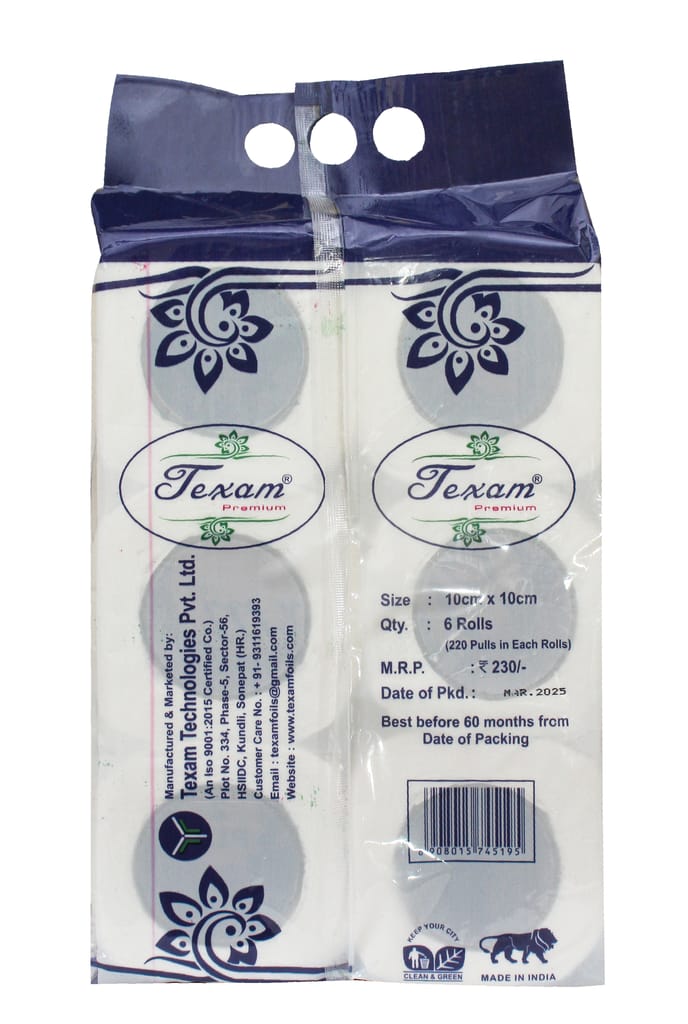 Texam 2 Ply Soft And Highly Absorbent Toilet Tissue Paper | 100% Natural Virgin Cellulose Fiber - Pack of 6 (220 Pulls Per Roll, 1320 Sheets) view 2