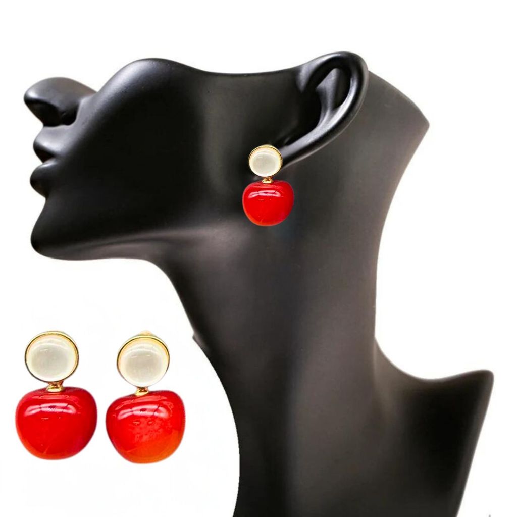 Jewelryklub Red Cherry Earrings with Pearl Accents For Women & Girls - Design 3 view 2