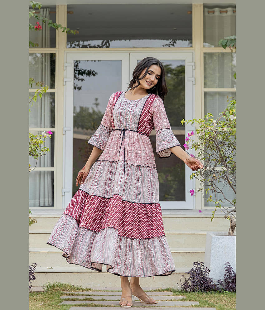 Juniper Women Cotton Printed Ethnic Dress ( Red ) view 2