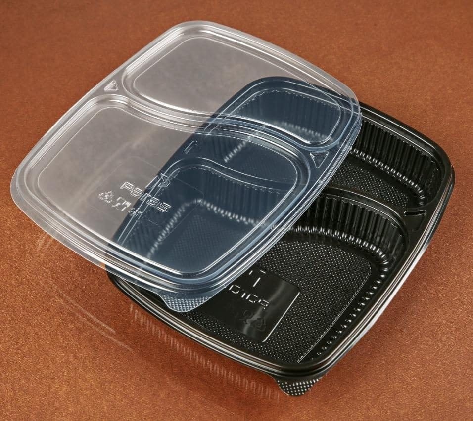 Divatos 2CP Meal Tray with LID Black | Microwave & Fridge Safe | 2 Compartment Plates for Dinner Lunch | BPA Free Food Grade Virgin Plastic | Restaurants & Cloud Kitchen Food Delivery (Set of 25)