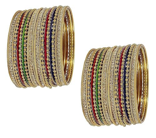 NMII Non-Precious Metal with Base Metal Zircon Gemstone Studded Glossy Finished Ballchain Linked Gold Plated Cutting Pattern Bangle set for Women view 2