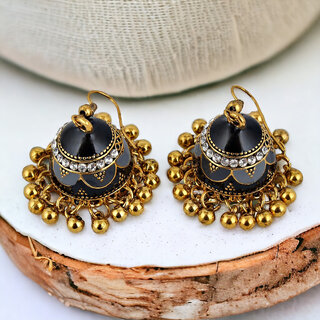 LUCKY JEWELLERY Antique Gold Plated Black Color Meenakari Jhumki Earring For Girls & Women (200-CHJM1-1150-BL) view 2
