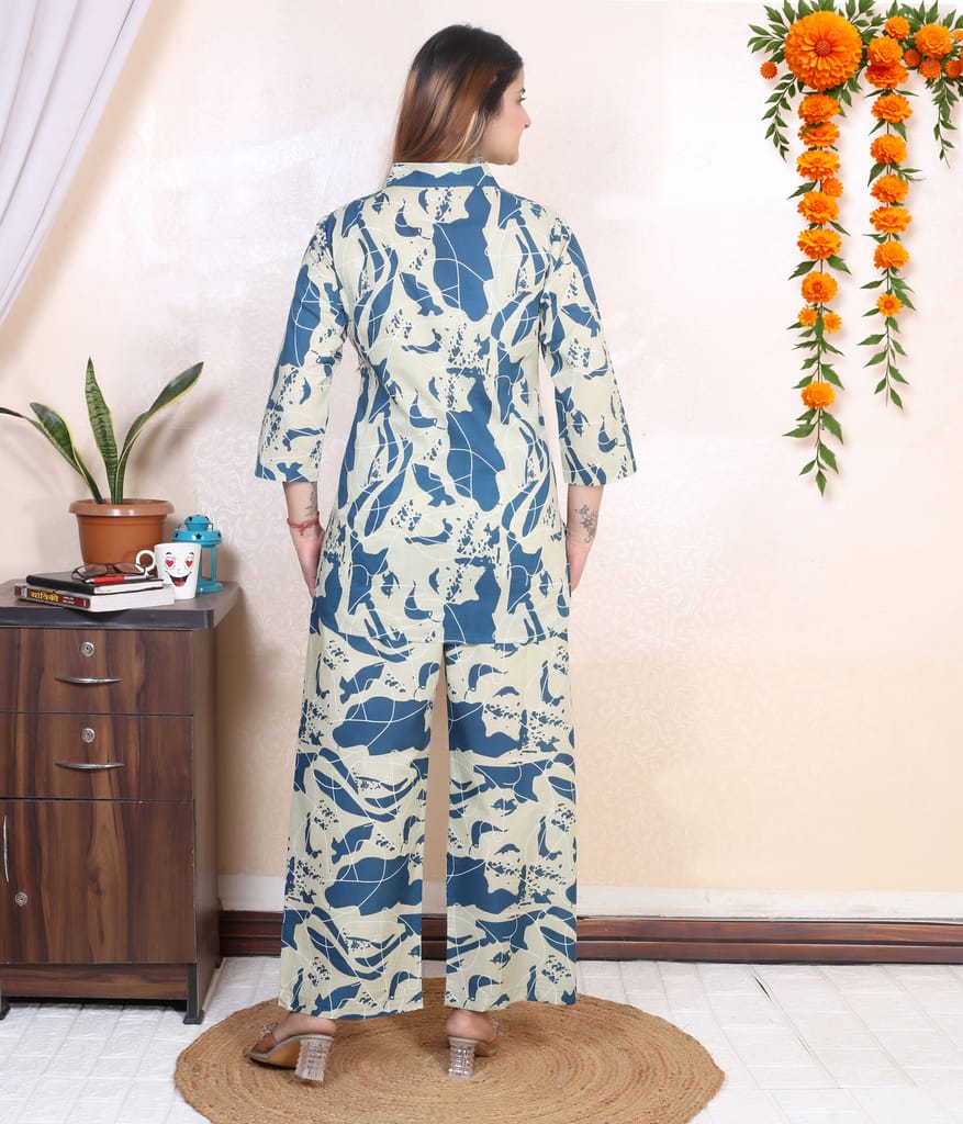 SnapUpp Pure Cotton Coord Set for Girls & Women | Relaxed Fit FCB Top with Plazzo Pants pocket | Cream Blue Floral Printed | Ethnic Casual Wear, Travel Friendly, Summer, Office Wear & Night Wear view 2