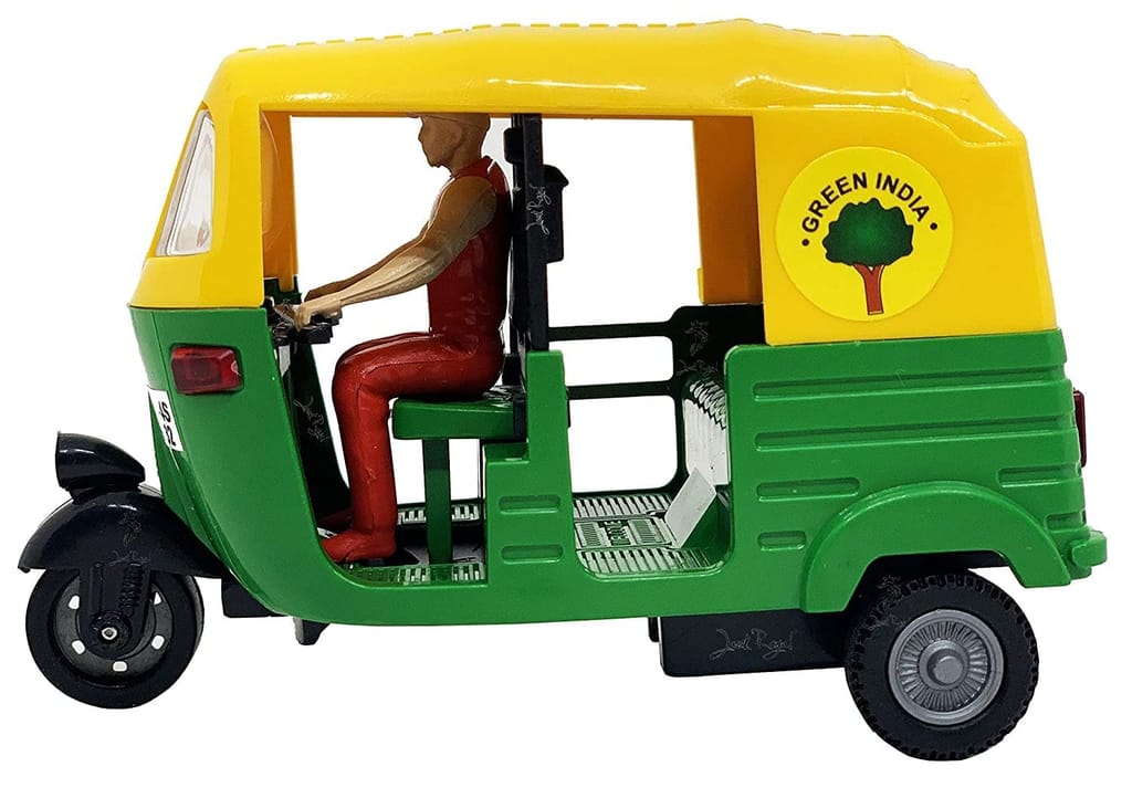 Mehtab Toys Plastic Pull Back Auto Rickshaw Vehicle Toy for Kids 3 Wheeler Auto Rikshaw for Kids Yellow & Green Auto for Kids Push Back and Go Toy Best Return Gift Set for Kids (1 Piece) view 2