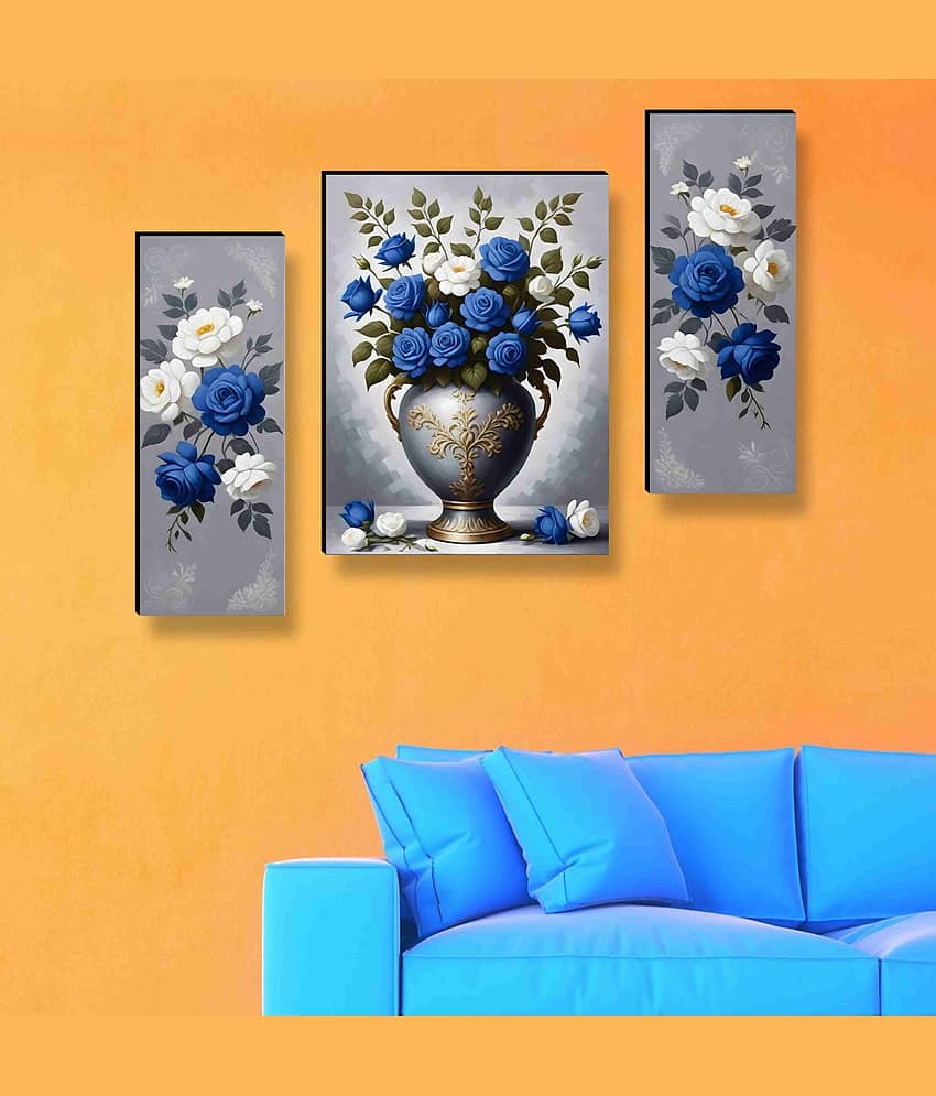 Livin'luxe Blue & White Rose Bouquet Wall Art – 3 Panel Flower Vase Painting with Royal Detailing for Drawing Room & Hall Décor 12 Inch x 20 Inch view 2