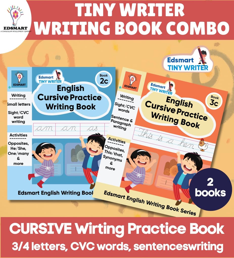 Edsmart Cursive Writing Practice Book Combo of 2 books! Edsmart Tiny Writer Pattern tracing, Capital A-Z, Small a-z and words writing book [128 pages] [Perfect Paperback] [Jan 01, 2024] Edsmart Edu services pvt ltd