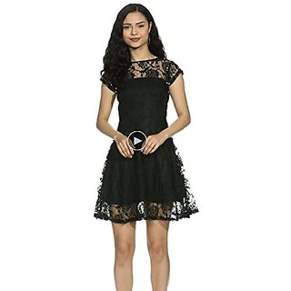 Miss Chase Womens Black Designer Round Neck Cap Sleeves Lace Solid Embellished Mini Skater Dress with Zip Closure view 2