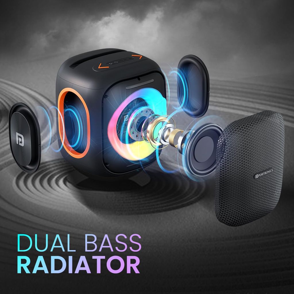 Portronics Dash 10 50W Wireless Bluetooth Party Speaker With Dual Wireless Karaoke Mic, Upto 6 Hours Playtime, Dual Bass Radiator, HD Sound, RGB LED Lights,BT 5.3V,AUX IN,USB In,Type C Charging(Black) view 2
