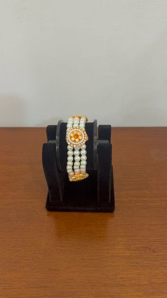 red flower design moti pearl bracelet with crystal stone border view 2
