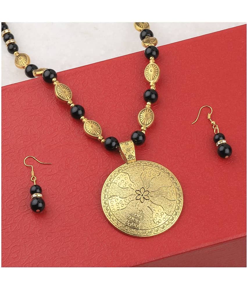 SILVERSHINE Stylish Adjustable Gold Oxidised Round Pendant Black Pearl mala set for Women girl view 2