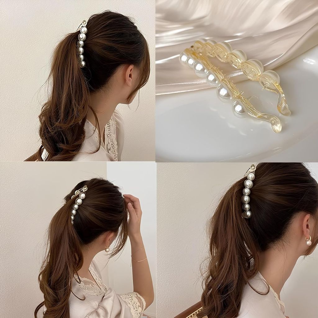 2 Pcs Pearl Hair Clip Banana Clips Ponytail Holder Banana Hair Clips view 2
