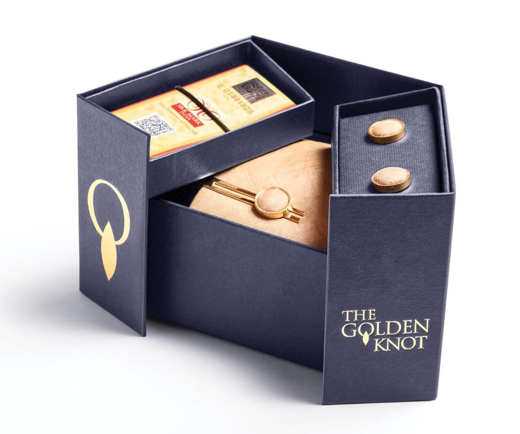 Golden Knot - Singular , Sophisticated & Stylish pure silk tie with tie pin and cuff links view 2