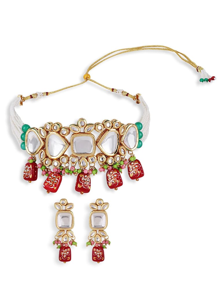 Cardinal White Color Multistring Onyx Red Color Kundan Choker Kundan Necklace Set view 2