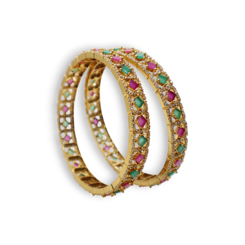 Gold Plated Dual Layer Bangle with Pink & Green Stones – Traditional Party Wear Jewelry view 2