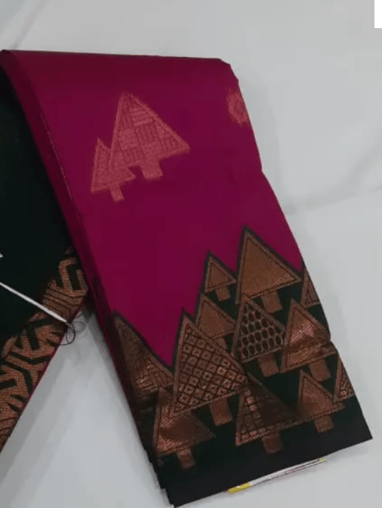Women Semi Pattu Saree Silk Blend Saree (Pink) temple border and all over butta , Rani pink color saree with bottle green color pallu and blouse view 2