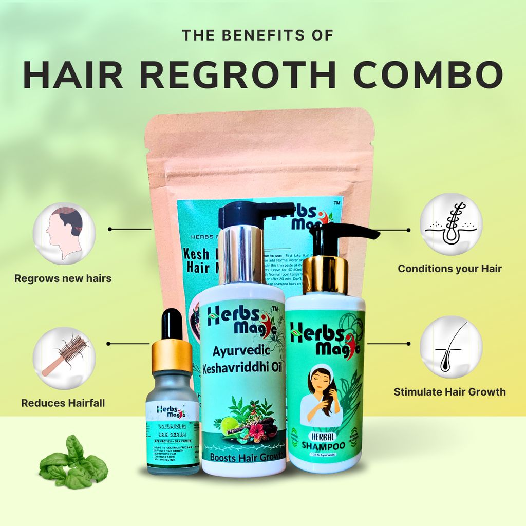 Herbs Magic Ayurvedic Hair Restoration combo | Keshavriddhi Hair Oil, 100ml, herbal shampoo, 100gm, Kesh Kalpa Hair Mask, 70gm and Hair Regrowth Serum, 15ml | Complete Hair Care Combo for Reducing Hair Fall and Promoting Hair Regrowth view 2