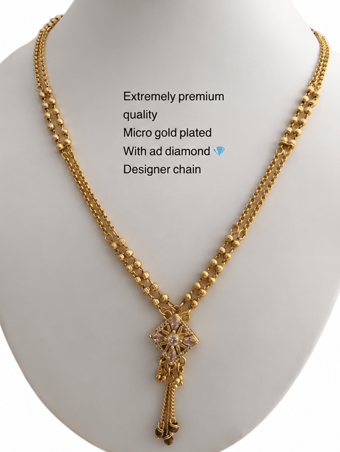 Women's Micro Gold Plated Double Strand Designer Chain Necklace with CZ and Dangles