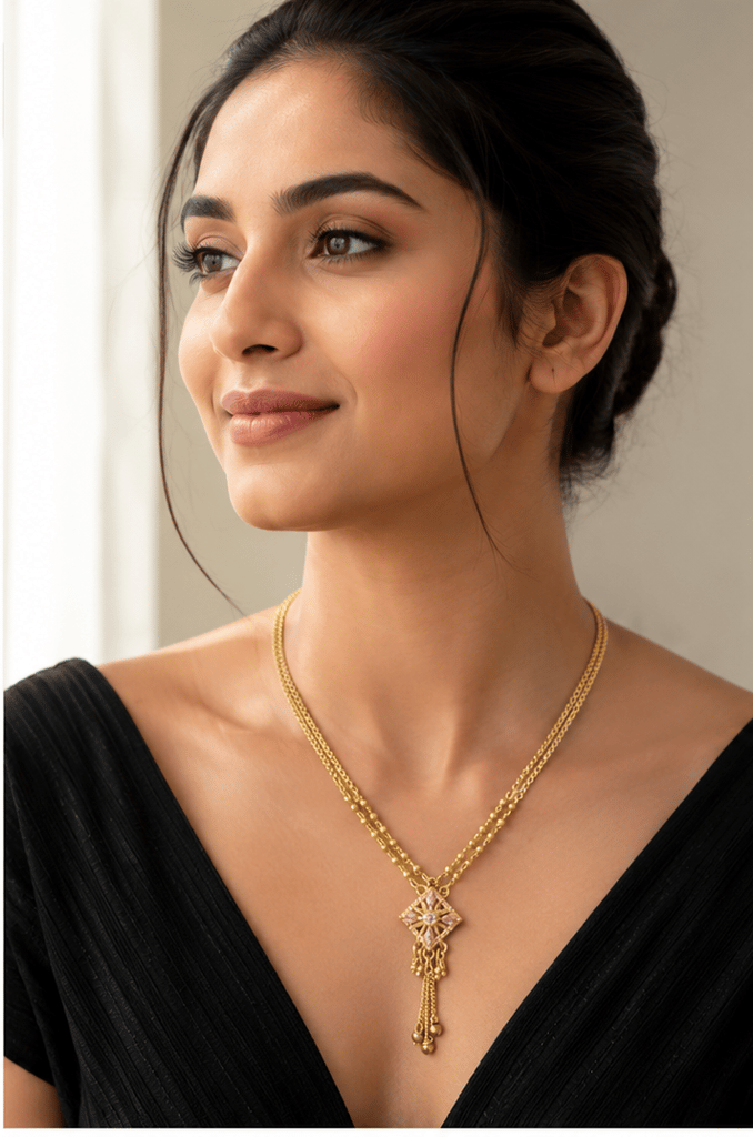 Women's Micro Gold Plated Double Strand Designer Chain Necklace with CZ and Dangles view 2