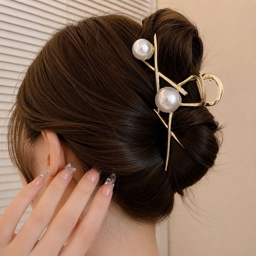 Elegant Gold Pearl Metal Hair Claw view 2