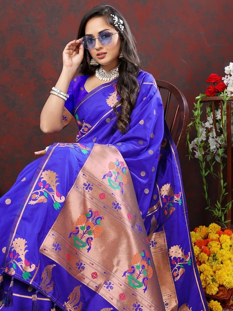 Blue Soft Paithani Silk Woven Design Copper Zari Meenakari Weaving Saree view 2
