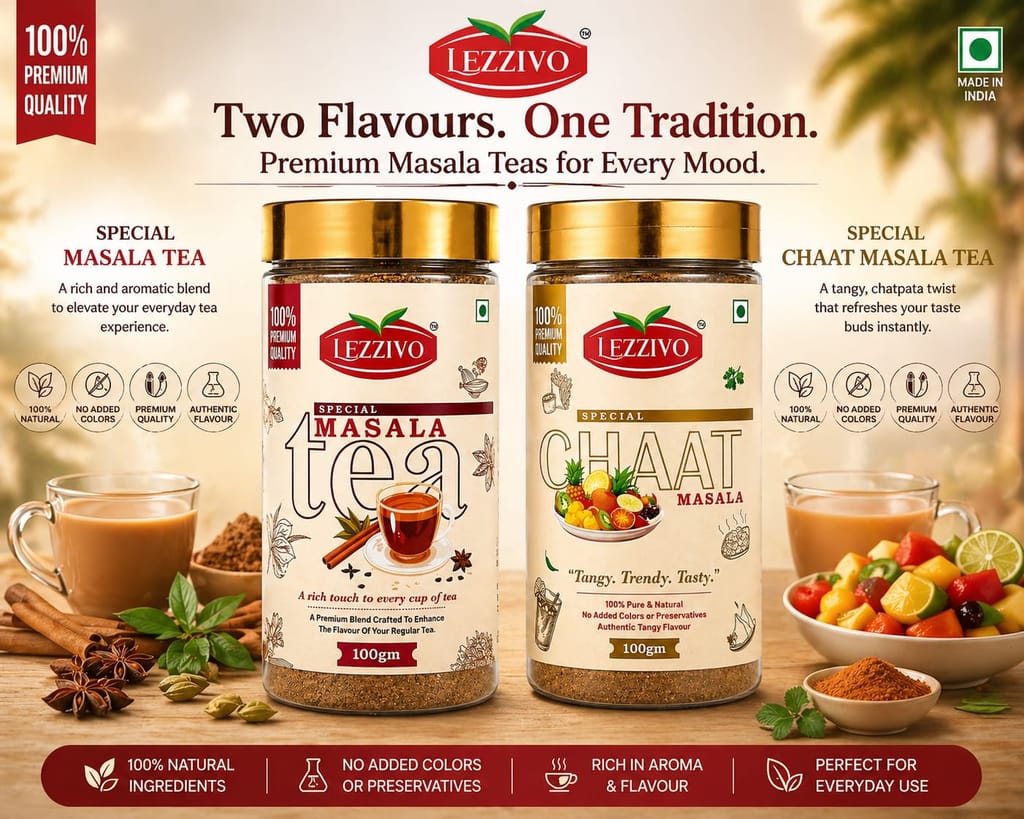 LEZZIVO Refresh & Relish Combo (200g) | Tea Masala + Chaat Masala | 2 Jars x 100g view 2