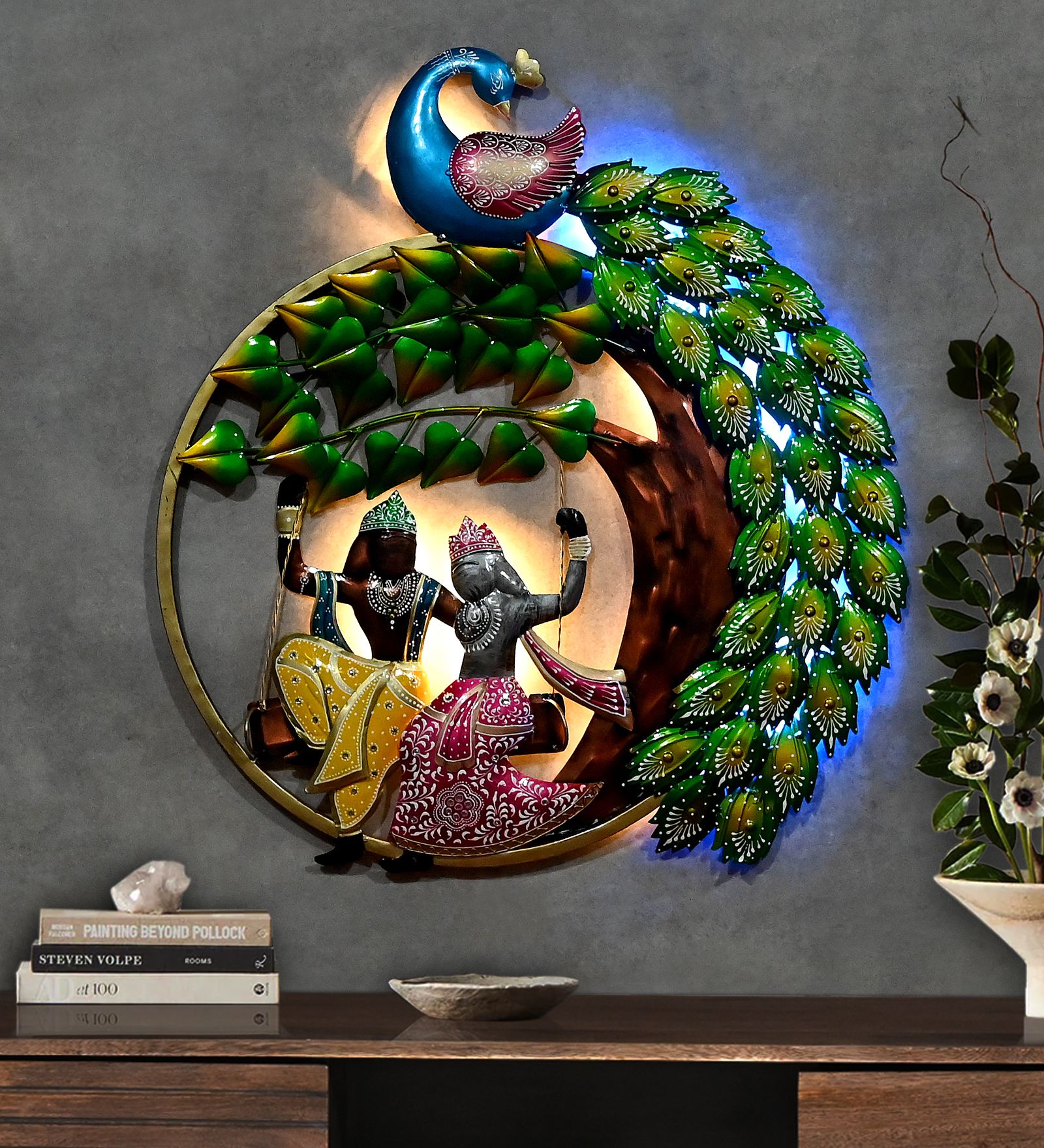 Indraj Premium Craft Decorative Radha krishna Peacock LED Wall Hanging for Living Room and Gift Purpose 78 cm, Multicolour view 2