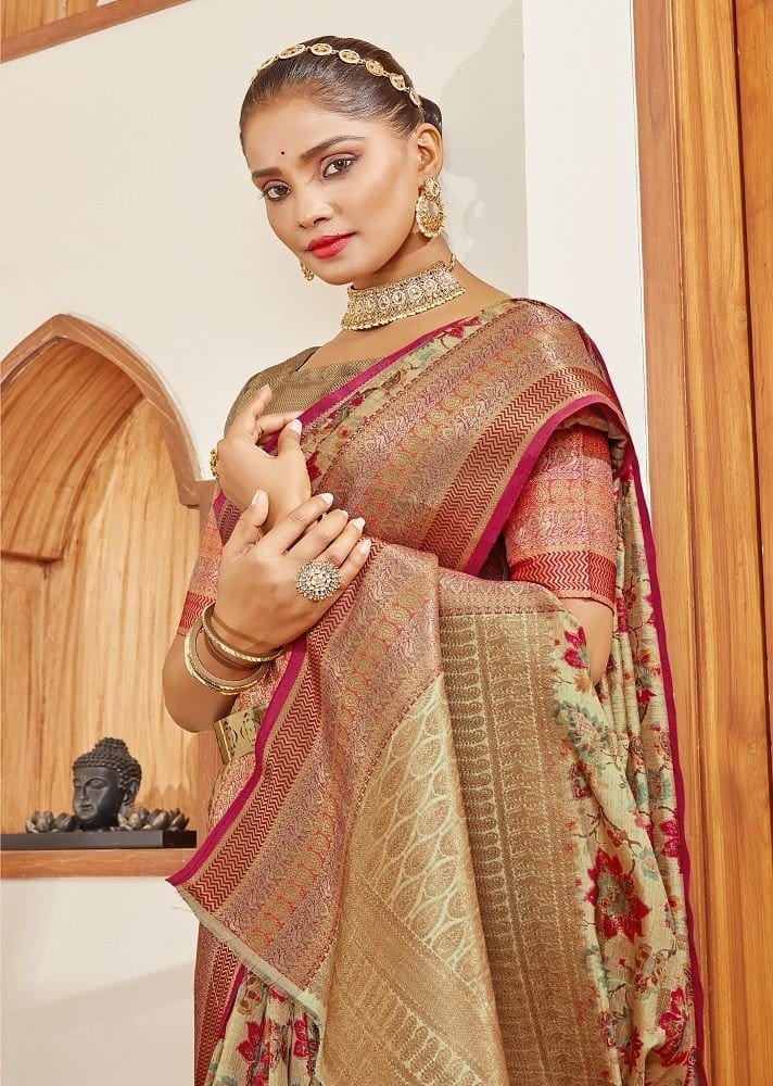 Digital Printed Art Silk Saree in Beige view 2
