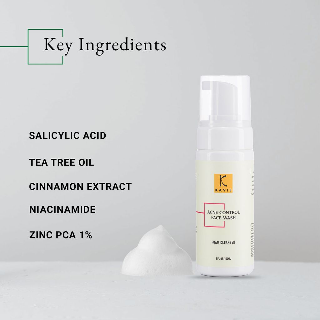 KAVIE Acne Control Face Wash with Salicylic Acid 2%, Tea Tree Oil, Cinnamon Extract, Niacinamide and Zinc PCA 1% - Face Wash for Acne , Pimples | Foam 150ML" view 2