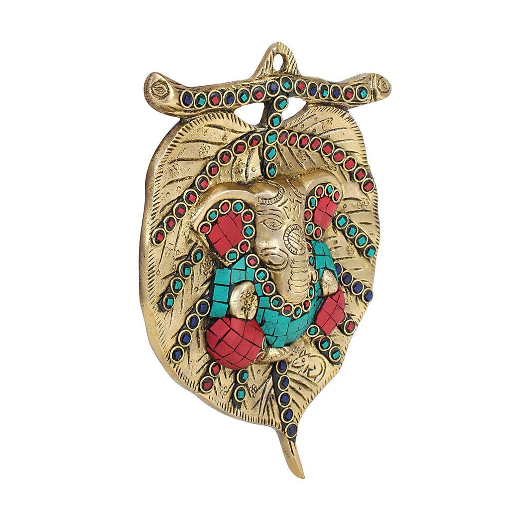 ARTVARKO Brass Pipal Leaf Ganesha Wall Hanging With Color Stone Handwork Home Entrance D�cor Ganpati Gift for Office Height 8.7 Inches view 2