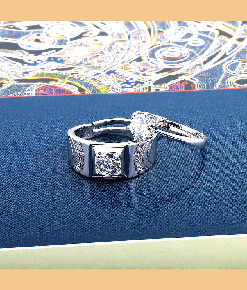 silver plated fetching round diamond and marvellous designer adjustable couple ring for men and women. view 2