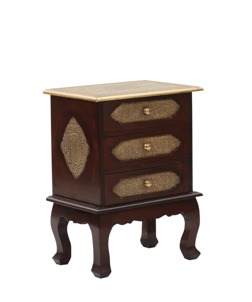 Wooden Brass Fited 3 Dwr Bed Side With Opm Leg / Living Room / Bed Side / Brown Finish view 2