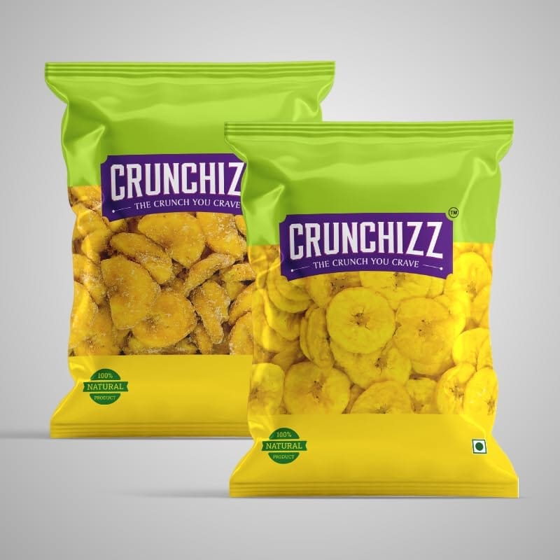 CRUNCHIZZ Authentic Kerala Style Yellow Banana Chips COMBO PACK I Raw Banana (Salty) & Jaggery Coated Banana (Sweet) I Traditional South Indian Recipe I No Artificial Additives I Perfect Munchy Bites I Pack of Two I 150 Gram Each I Total 300 Grams