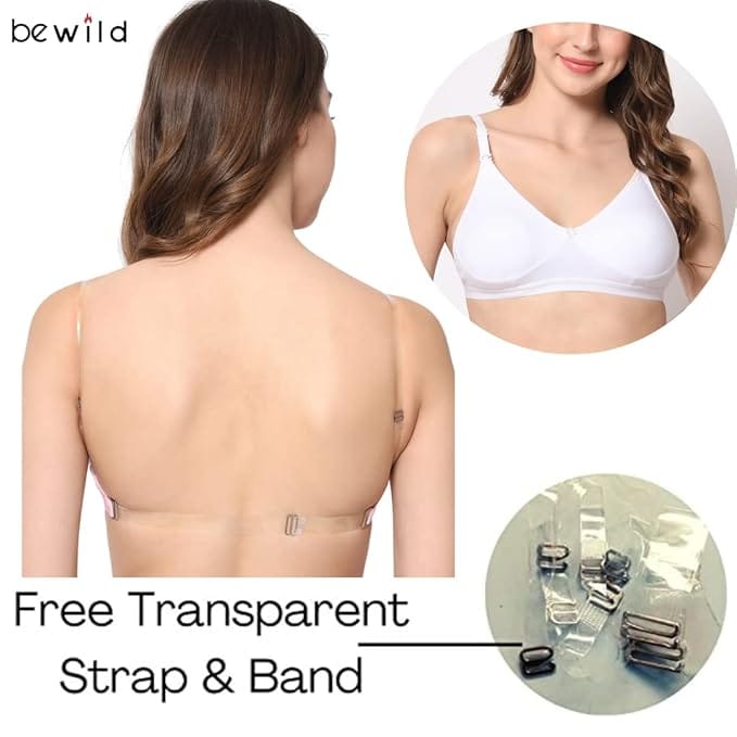 BEWILD Full Coverage Backless Cotton Bra Women and Girls Ladies Padded t-Shirt Non Wired Adjustable Supported Bra Attached Transparent Strap & Band (B, White, 40) view 2