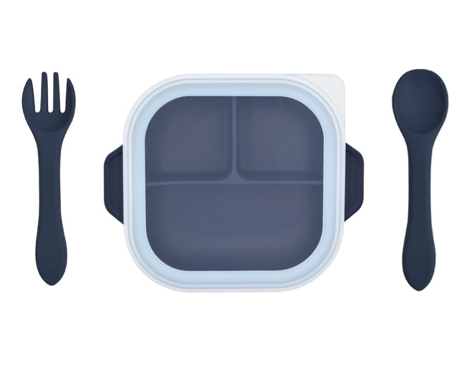 SPY KIDS® Silicone Baby Feeding Bowl with Lid - 3 Compartment Strong Suction Bowl, Spoon & Fork |Dark Blue view 2