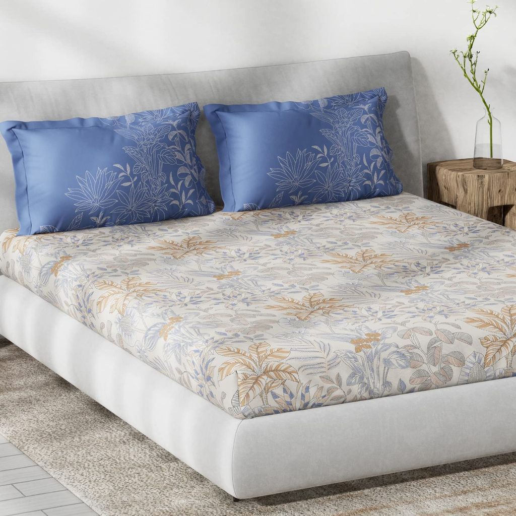 DDECOR - Primary Collection 100% Cotton Leaves Pattern 136TC King Bedsheet |229 CM X 274 CM| Blue view 2