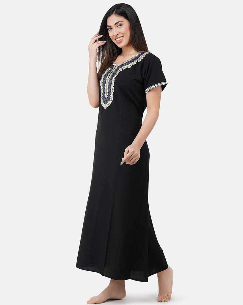 KOI SLEEPWEAR Premium Women White Contrast Embroidery Night Gown Lizzybizzy Cotton Nighty Maxi (X-Large, Black)� view 2