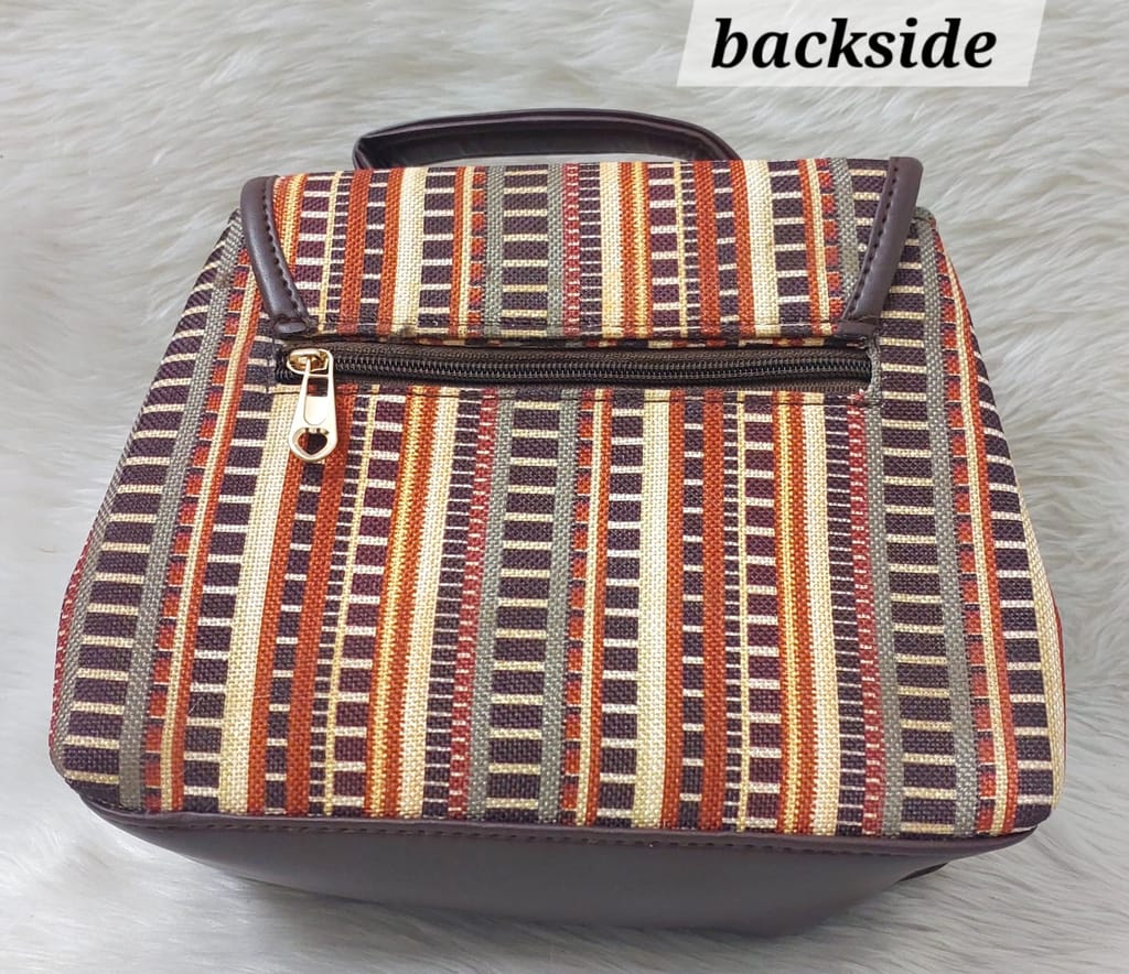 Brown and Orange Striped Handbag with Detachable Strap view 2