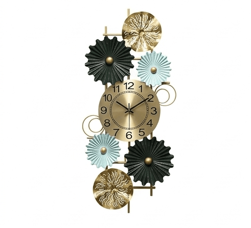 Regal Vertical Floral Wall Clock – Handcrafted Metal Art with Azure & Gold Accents view 2