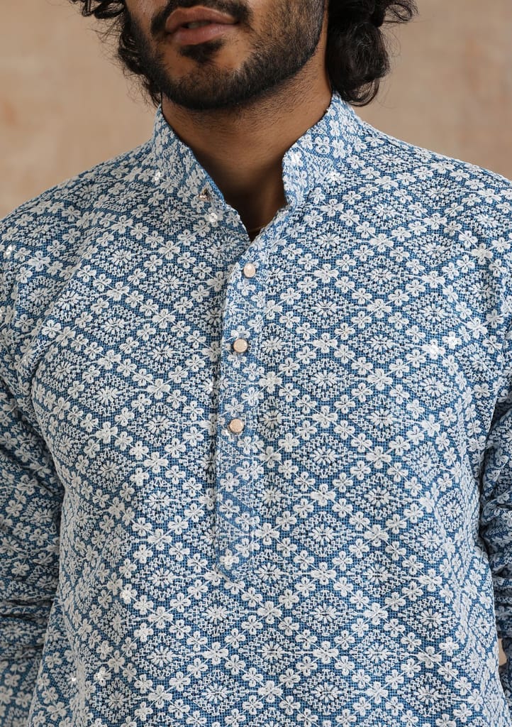 Cotton Blended Schiffli with Sequins Solid Men's Long Kurta - Blue view 2