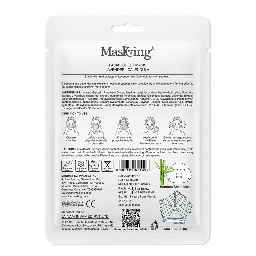 MasKing Bamboo Facial Sheet Mask of Lavender & Calendula for Skin Soothing Ideal for Women & Men 20ml, (Pack of 1) view 2