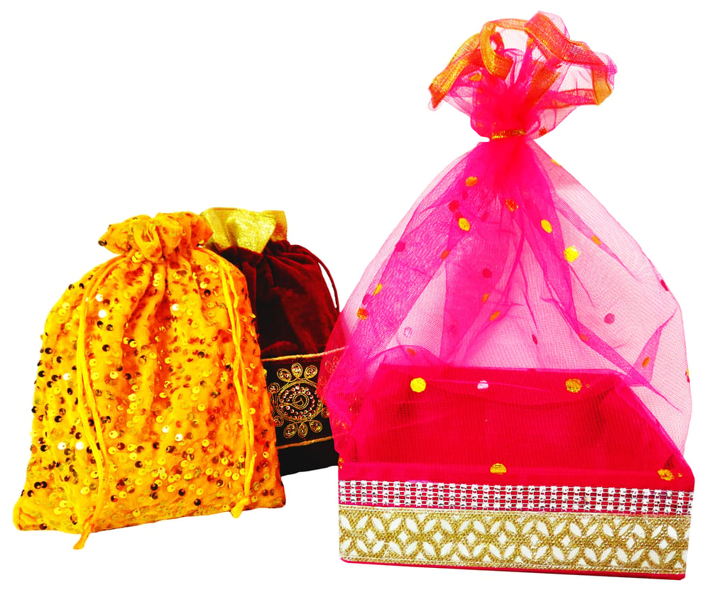 Omkar by R3 Inc. Royal Gift Basket & Shagun Potli Combo pack for Gifts Hampers | Fancy Gifting | Wedding Gifting|Shagun|Return Gift (Pack of 3 / Large) Shagun Potli & Square Basket - Multi Color view 2
