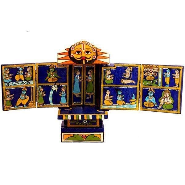 Blue and Yellow Kavad Box Illustrating Ram and Krishna Story|12" (H)