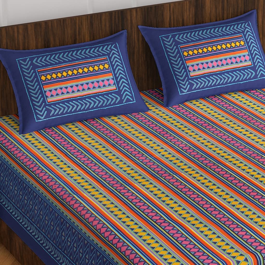 Lali Prints Blue Pink Geometric Cotton 130 TC Queen Bedsheet with 2 Pillow Covers view 2