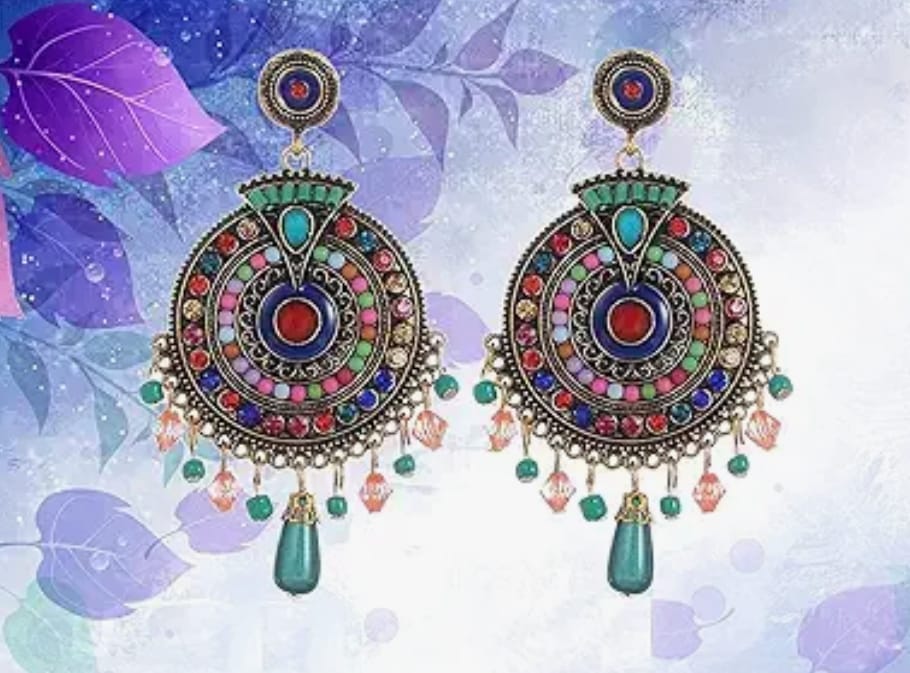 Colorful Beaded Drop Earrings with Antique Gold Accents view 2