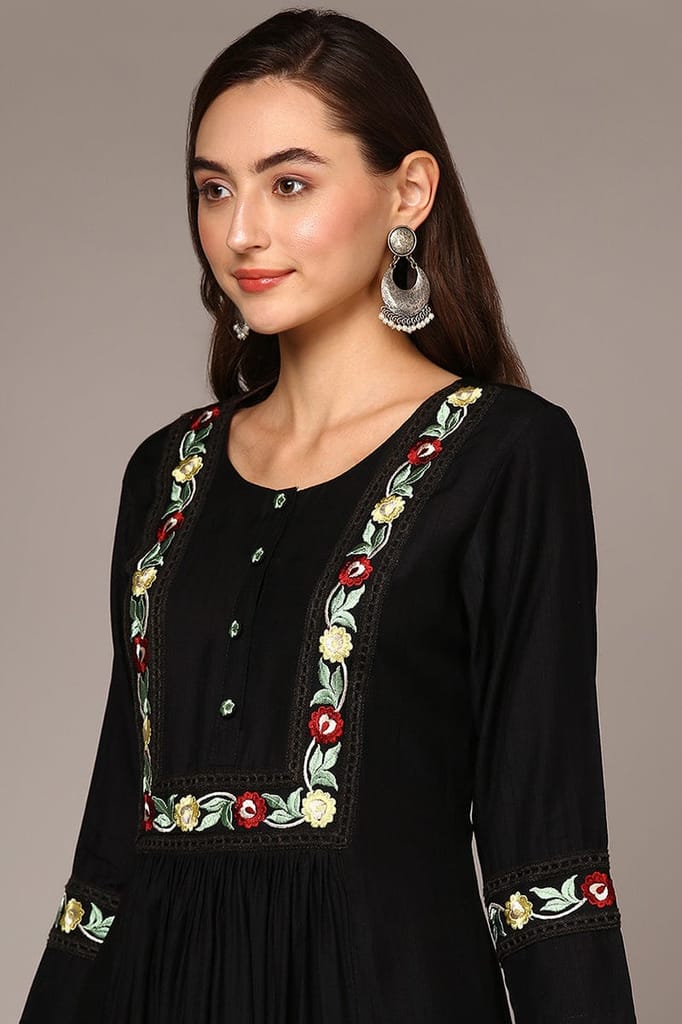 Black Viscose Rayon Embroidered Flared Kurta VCK9535 view 2