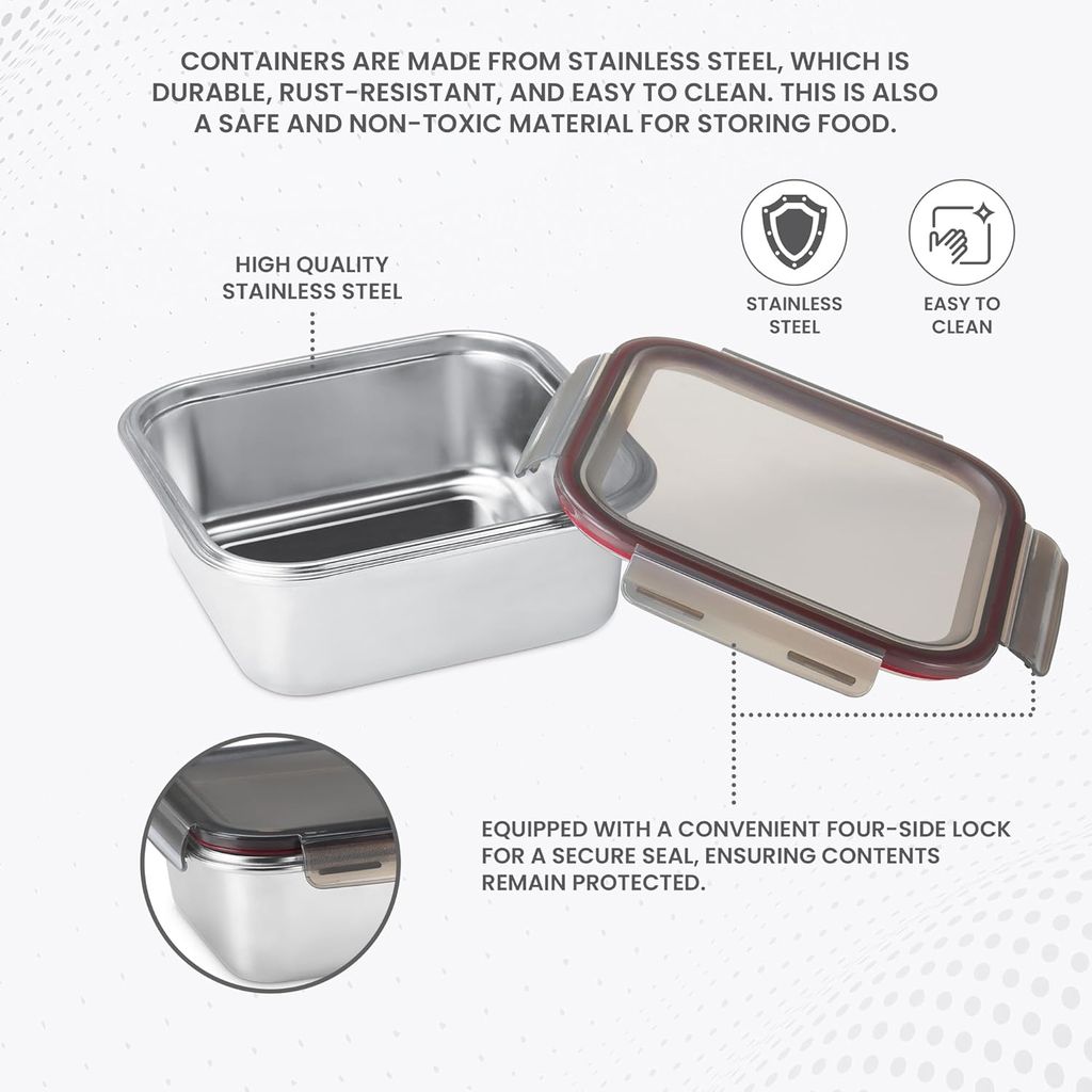 MILTON Modulo Steel Square 450 Container with lock lid|Airtight & Leakproof|Microwave & Oven safe| Light Weight | School, Office or Picnic use, 400 ml, Silver view 2