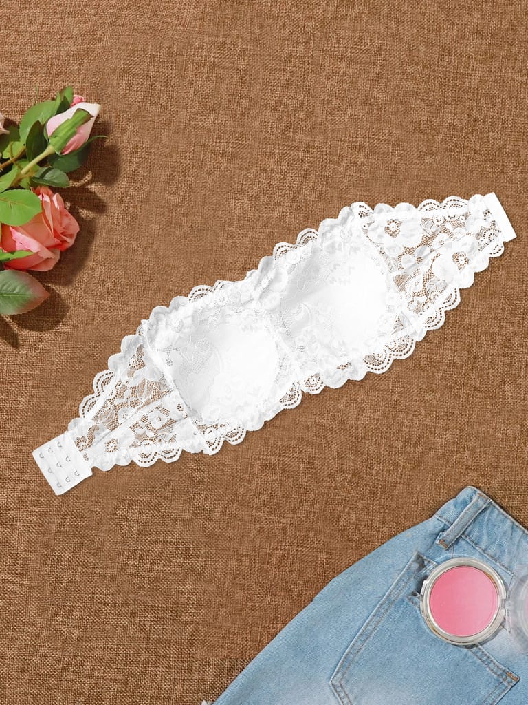 Women’s/Girl’s Lace Net Tube Bra Strapless Padded Seamless Hook Closure Bra - White & Black view 2