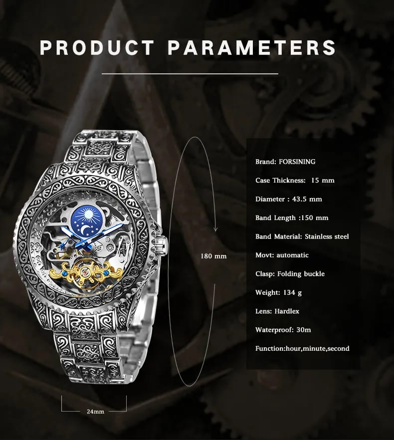 Forsining Série Mystère d'Art Vintage Engraved Rotatable Bezeled Self Winding Automatic Tourbillon Blue Moon Mechanical Stainless Steel Analog Watch - For Men view 2