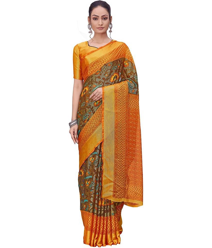 Dressy Brasso Printed Saree With Unstitched Blouse Piece ( Brown ) view 2